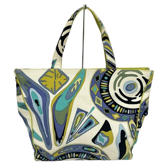 Auth EMILIO PUCCI - White Purple Multi Canvas Leather Tote Bag - Picture 1 of 12